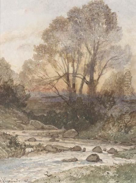 A Rocky Landscape With A Torrent Of Water Oil Painting by Henri-Joseph Harpignies