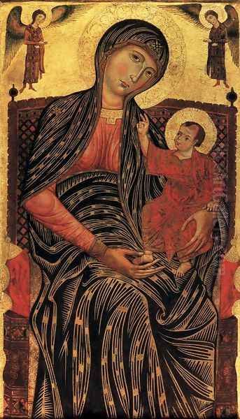 Virgin and Child Enthroned with Two Angels 1270s Oil Painting by Master of Magdalen