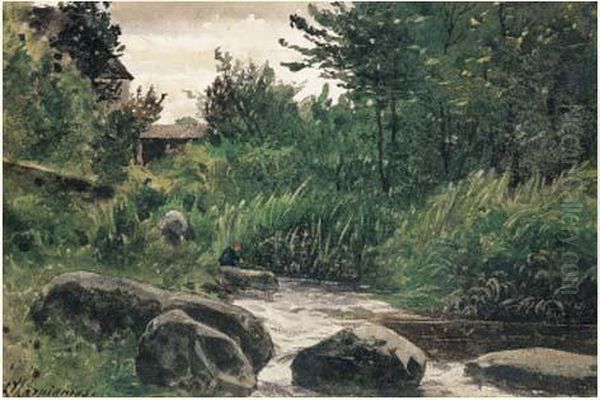 Pecheur Au Bord De La Riviere Oil Painting by Henri-Joseph Harpignies