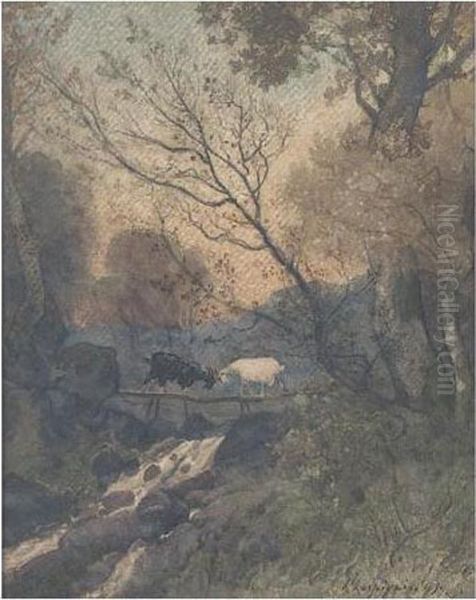 Les Deux Chevres Oil Painting by Henri-Joseph Harpignies