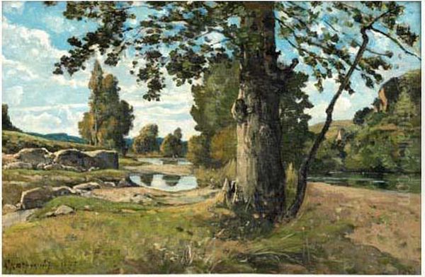 Le Grand Arbre Au Bord De La Riviere Oil Painting by Henri-Joseph Harpignies