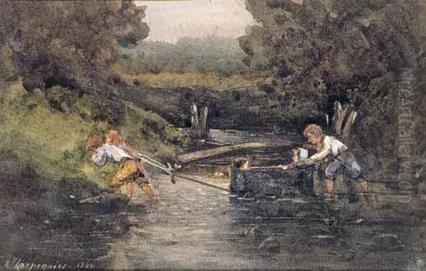 Enfants Jouant Dans La Riviere Oil Painting by Henri-Joseph Harpignies