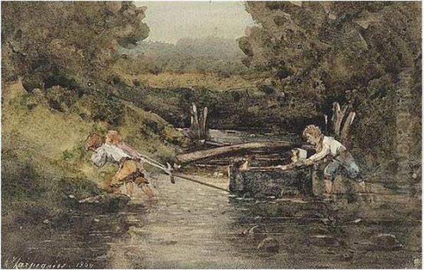 Children Crossing The Stream Oil Painting by Henri-Joseph Harpignies