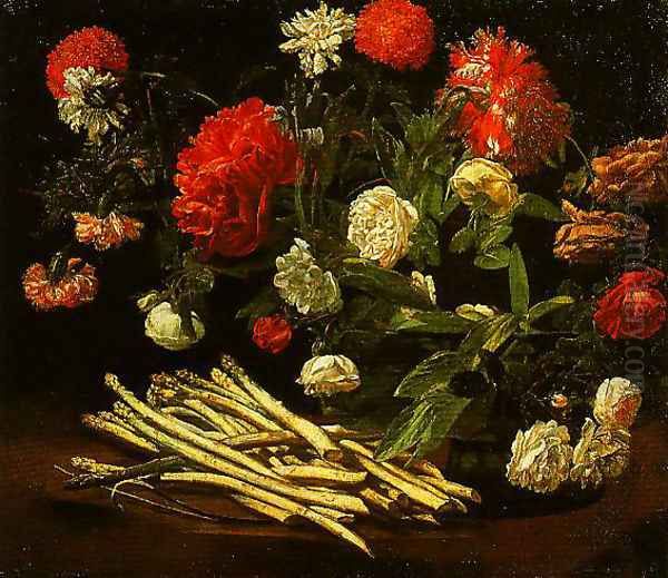 Still Life with Roses Asparagus Peonies and Carnations Oil Painting by Giovanni Martinelli