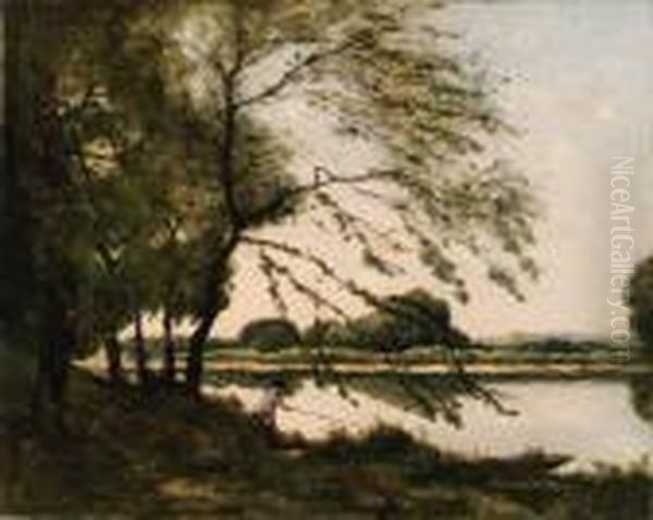 Fishing On The Banks Of A River Oil Painting by Henri-Joseph Harpignies