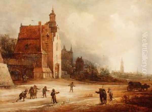 Soldiers playing skittles on a road Breda beyond Oil Painting by Frans de Momper