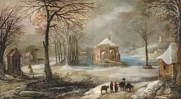 An extensive winter village landscape with peasants and their mules on a path Oil Painting by Frans de Momper