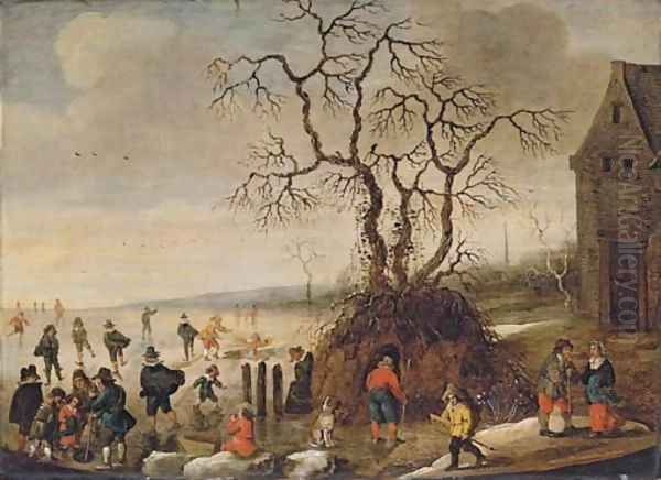 A frozen winter landscape with skaters Oil Painting by Frans de Momper