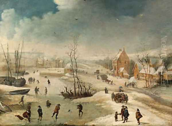 A village in winter with figures skating on a frozen river Oil Painting by Frans de Momper