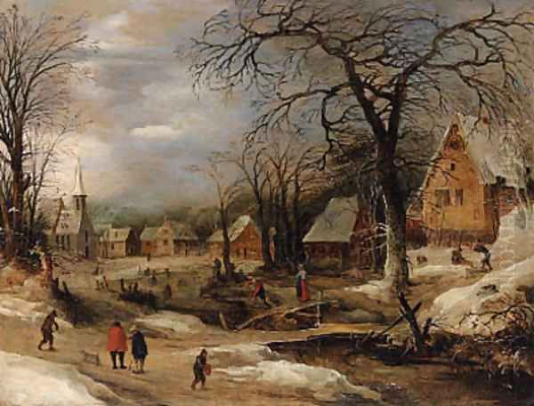 A village scene in winter with peasants by a river Oil Painting by Frans de Momper