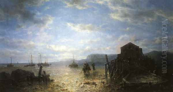 Beached Bomschuiten and Shrimp Fishers by a Jetty at Low Tide Oil Painting by Francois Etienne Musin