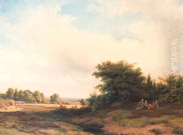 Summer landscape with peasants resting at the edge of a wood Oil Painting by Jacob Jan van der Maaten