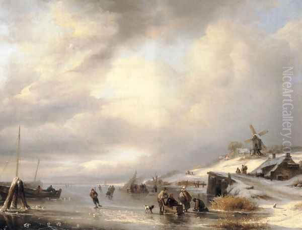 Figures on a frozen lake Oil Painting by Antonij Andreas de Meyer