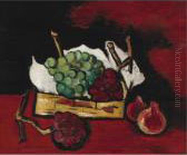 Green And Purple Grapes In Basket Oil Painting by Marsden Hartley