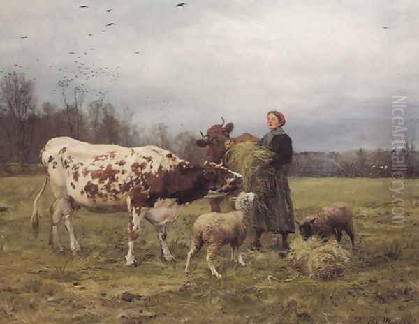 Wintertime with Cows and Sheep Oil Painting by Adolphe Charles Marais