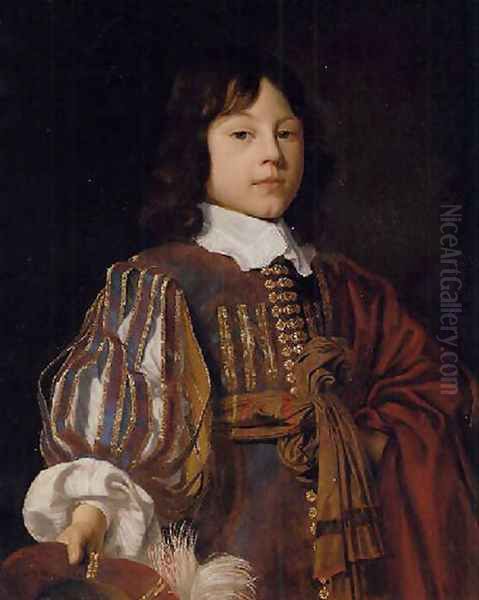 Portrait of a young gentleman in a burgundy doublet with slashed sleeves and a sash, a feathered cap in hand Oil Painting by Jan Mytens