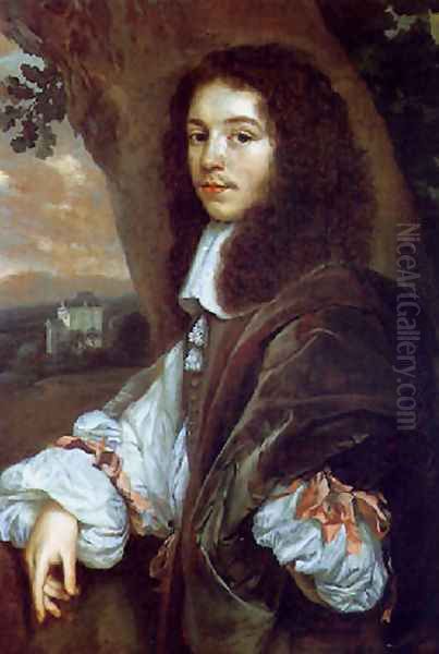 Portrait of Christaen Huygens in a landscape, a country house beyond Oil Painting by Jan Mytens