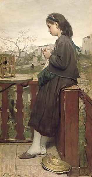 Girl knitting on the balcony Montmartre 1869 Oil Painting by Jacob Henricus Maris