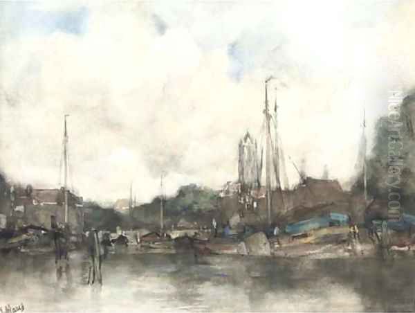 A view of a Dutch harbour town Oil Painting by Jacob Henricus Maris