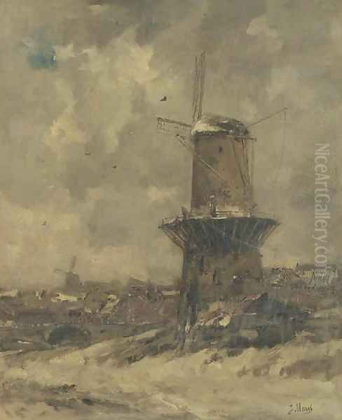 A windmill in the snow Oil Painting by Jacob Henricus Maris