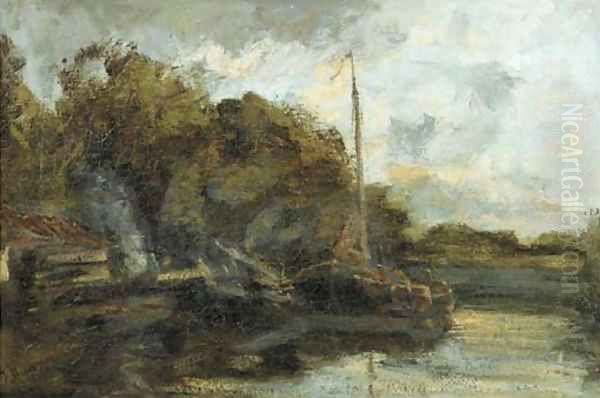 Moored sailing barges along a canal Oil Painting by Jacob Henricus Maris