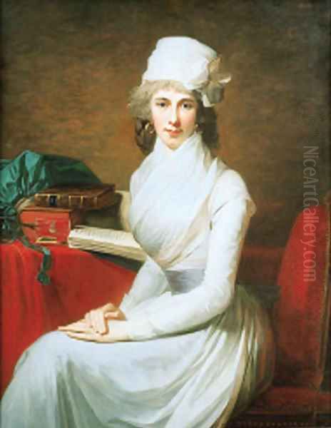 Portrait of Mrs. Henry Pelham, seated three-quarter-length, in a white dress and a white hat, before a table with books Oil Painting by Jean-Laurent Mosnier