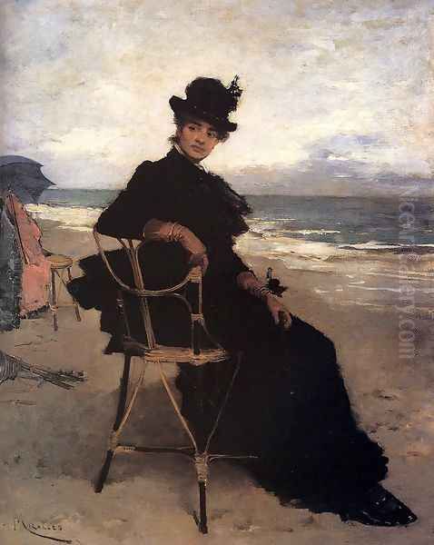 A Lady Seated On A Veranda Oil Painting by Francisco Miralles Galup