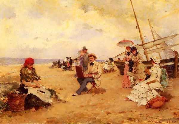 The Artist Sketching On A Beach Oil Painting by Francisco Miralles Galup