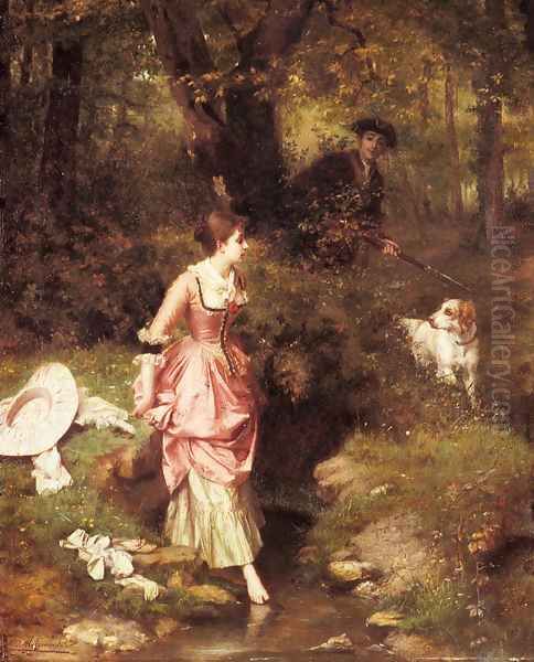 A Young Beauty Crossing a Brook with a Hunter Beyond Oil Painting by Emile Pierre Metzmacher