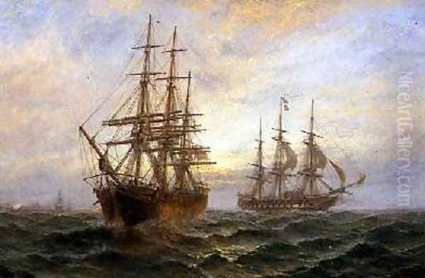 Two Ships Passing at Sunset Oil Painting by Claude T. Stanfield Moore