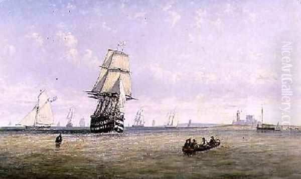 Men-o-War Schooners and Royal Navy Yachts in Busy Channel Scene off the Fastnet Light Oil Painting by Claude T. Stanfield Moore