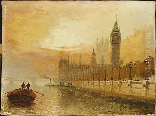 View of Westminster from the Thames Oil Painting by Claude T. Stanfield Moore