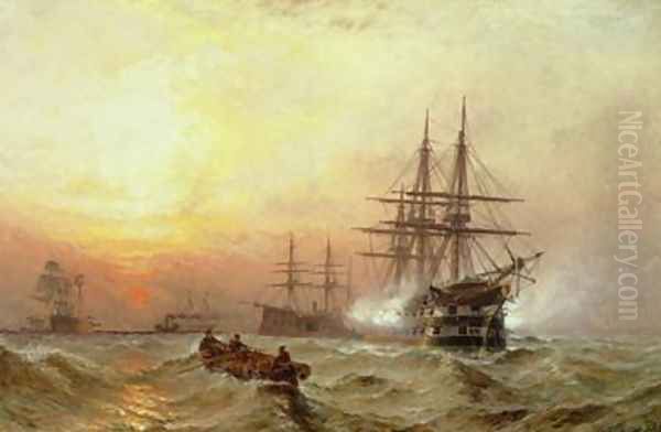 Man-o-War firing a salute at sunset Oil Painting by Claude T. Stanfield Moore