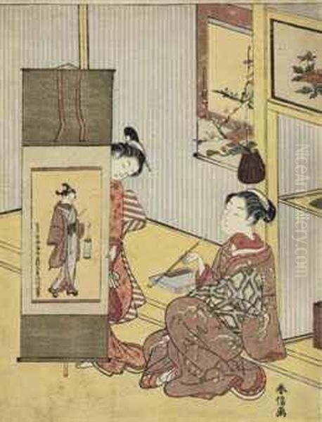 Admiring A Picture Of A Dandy By Okumura Masanobu Oil Painting by Suzuki Harunobu