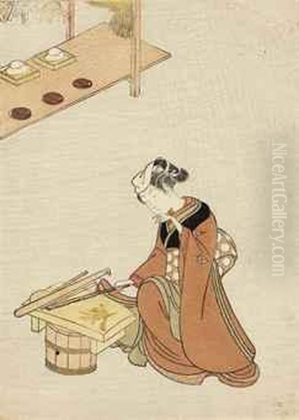 Preparing Seven-herb Porridge (nazuna) For The New Year Oil Painting by Suzuki Harunobu