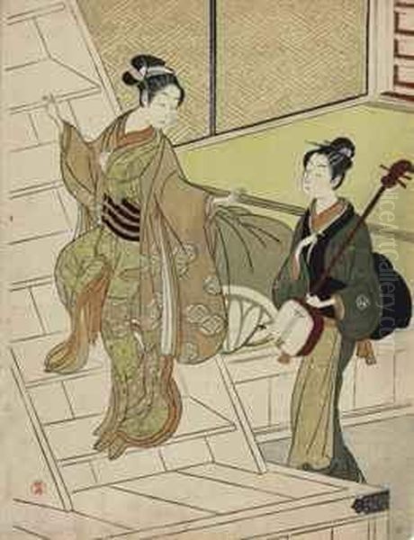 Geisha And Her Maid With Shamisen Oil Painting by Suzuki Harunobu