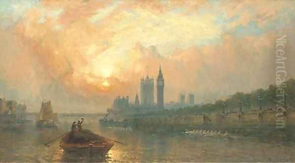 The Oxford and Cambridge Boat Race at Westminster Oil Painting by Claude T. Stanfield Moore