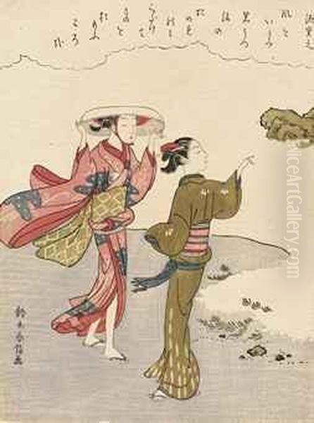 Women At The Seashore With Poem By Minamoto No Shigeyuki Oil Painting by Suzuki Harunobu