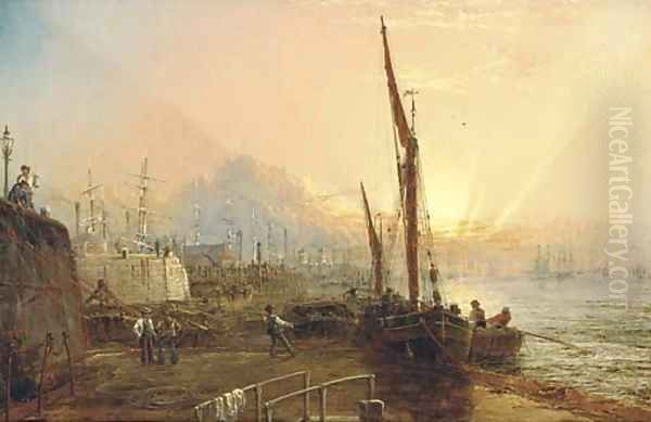 Looking down the Thames from the Blackwall landing stage Oil Painting by Claude T. Stanfield Moore