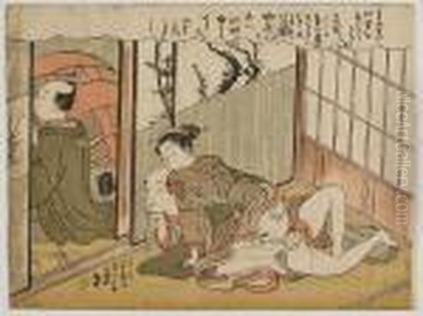 Couple Enjoying An Encounter Oil Painting by Suzuki Harunobu