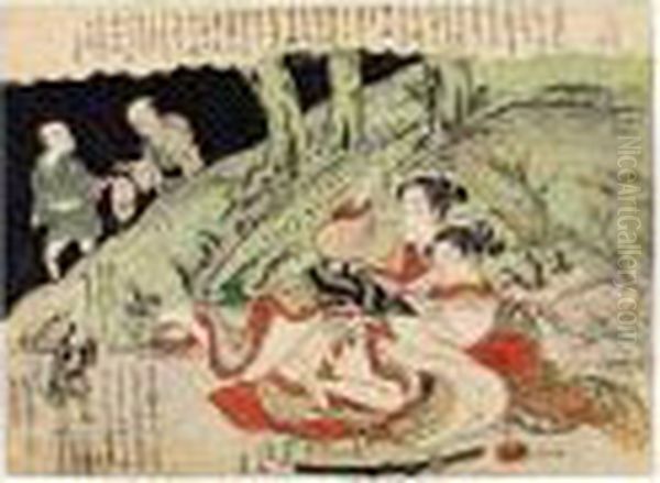 Une Planche De La Serie De La Shunga Mane-emon Oil Painting by Suzuki Harunobu