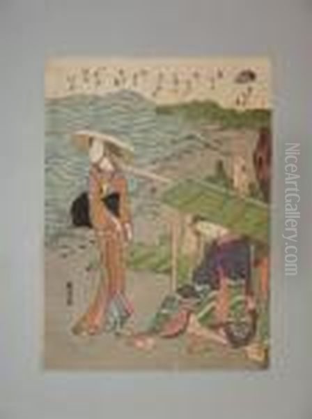 Deux Jeunes Femmes Pres D'un Kago Oil Painting by Suzuki Harunobu