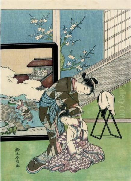 A Design Of Two Ladies Indoors In Springtime Oil Painting by Suzuki Harunobu