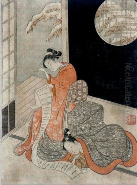 A Couple Reading A Scroll Oil Painting by Suzuki Harunobu