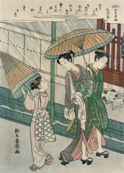 Three Women Walking N The Rain With Parasols Oil Painting by Suzuki Harunobu