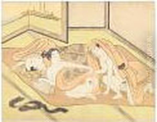 A Couple Making Love
Beneath The Bedclothes Whilst The Woman's Husband Sleeps Oil Painting by Suzuki Harunobu