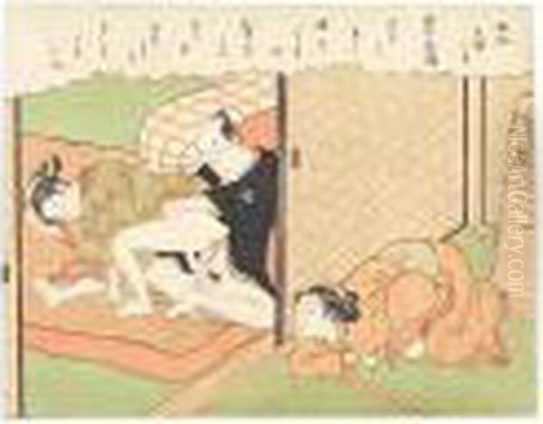 An Old Woman Crouched Behind A Fusuma Spying On A Young Couple Making Love Oil Painting by Suzuki Harunobu