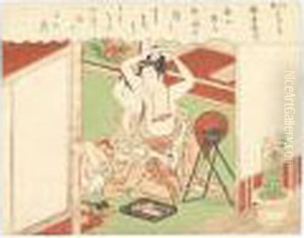 A Man Making Love To A Young Girl At Her Toilette Oil Painting by Suzuki Harunobu