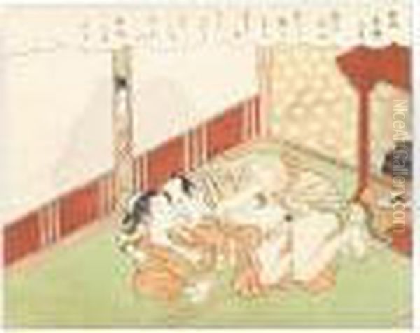 An Older Woman Crouched Behind A Partially Open Shoji Spying Upon A Couple Making Love Oil Painting by Suzuki Harunobu