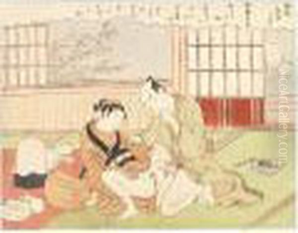 Wataboshi-shokunin Making Love With A Merchant Oil Painting by Suzuki Harunobu